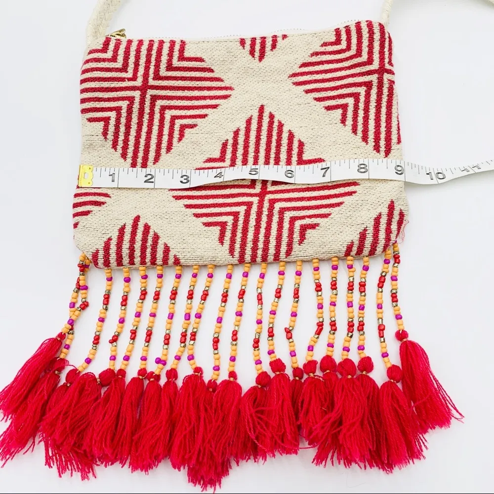 Merona Red & Cream Boho Jacquard Beaded Fringe Crossbody Bag Festival Purse - Image 3