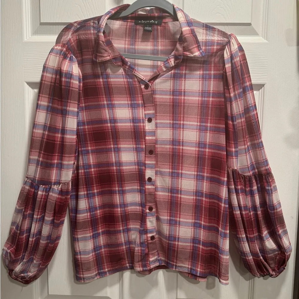 A Love Story Women’s Red Plaid See Through Long Sleeve Blouse Top Size L Size L - Image 4