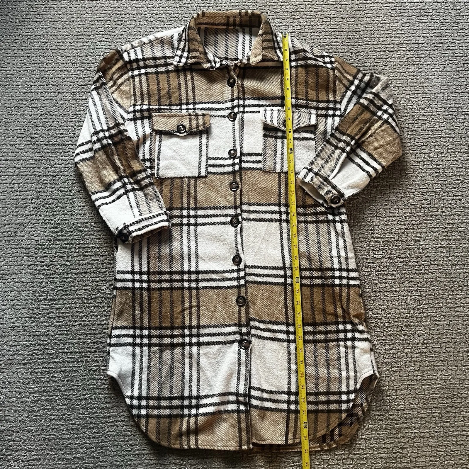 Plaid Button Front Shirt Jacket Woman's Large Brown Ivory Oversized Long Shacket - Image 6