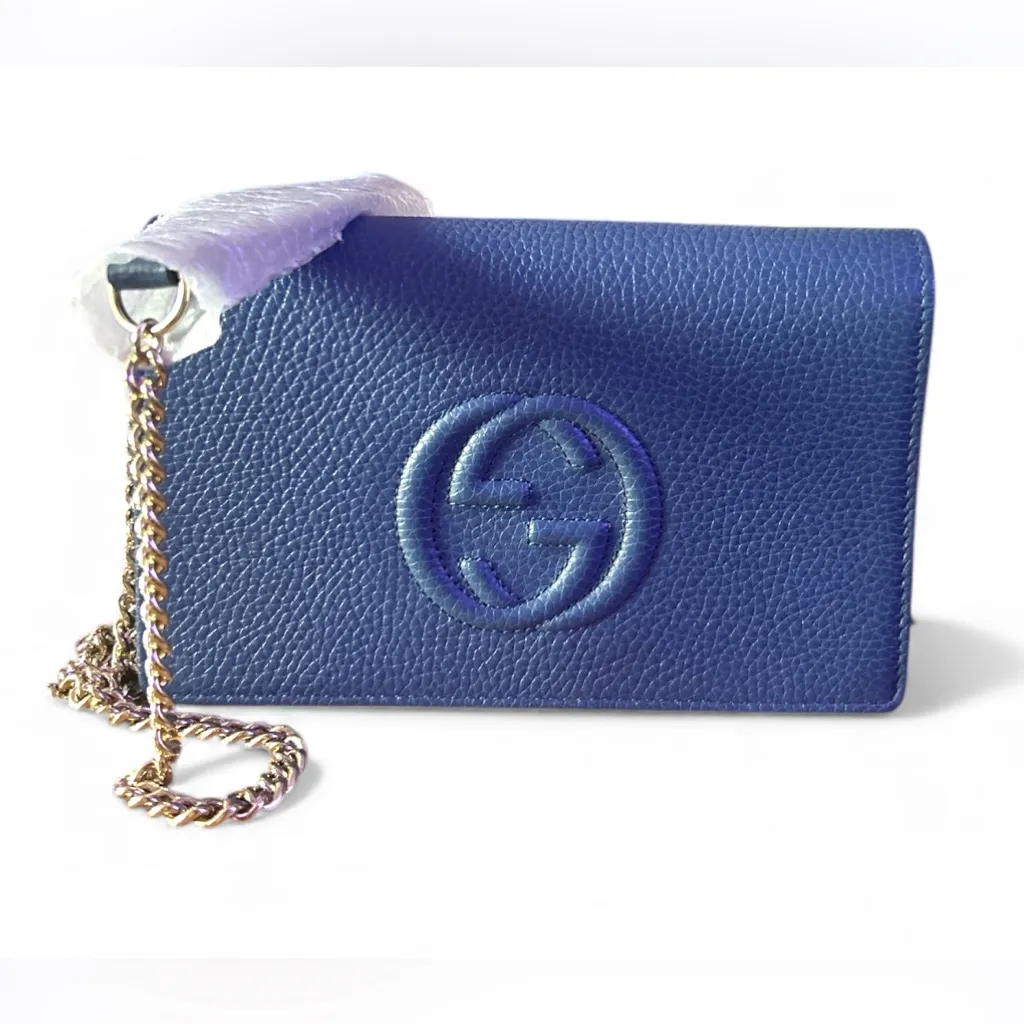 Gucci Authentic Soho Blue Pebbled Leather Chain Crossbody Bag – Brand New - Image 4