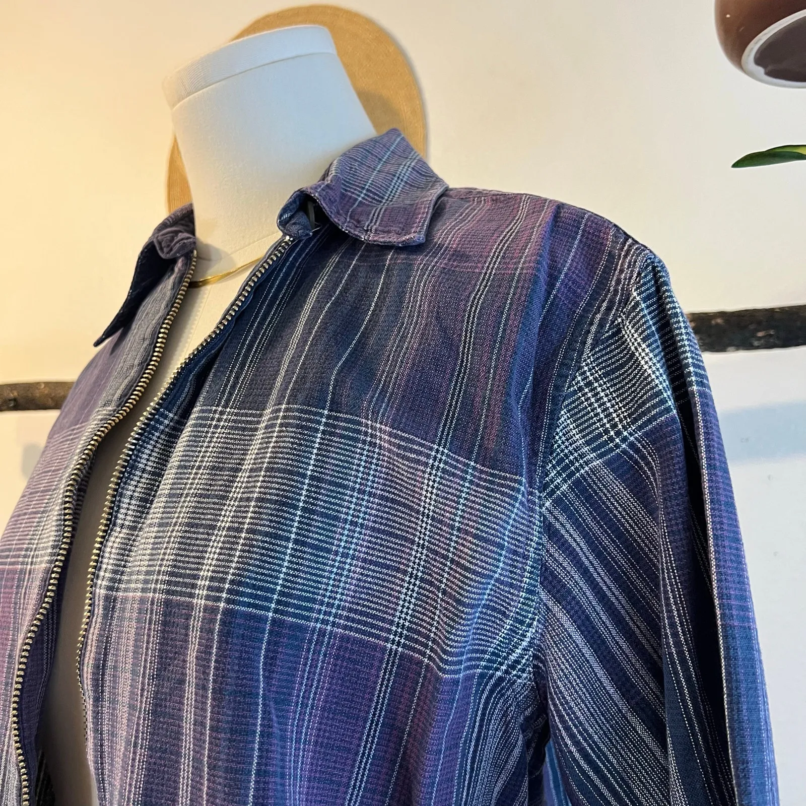 Vintage Purple Plaid Cotton Zip Up Lightweight Cropped Boxy Jacket Size Small - Image 2