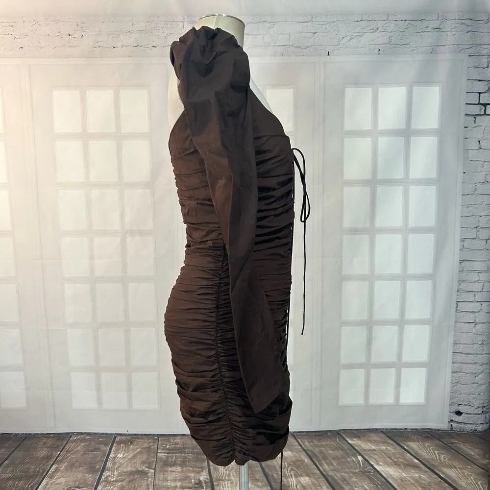 Zara Brown Long Sleeve Puff Sleeve ruched Body con Dress Size S - Image 10