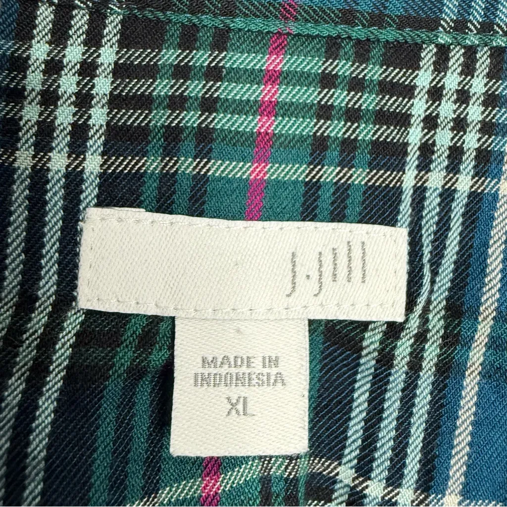 J. Jill Shirt Blue Green Plaid Button Up V Neck Rayon Long Sleeve‎ Size XL - Image 3