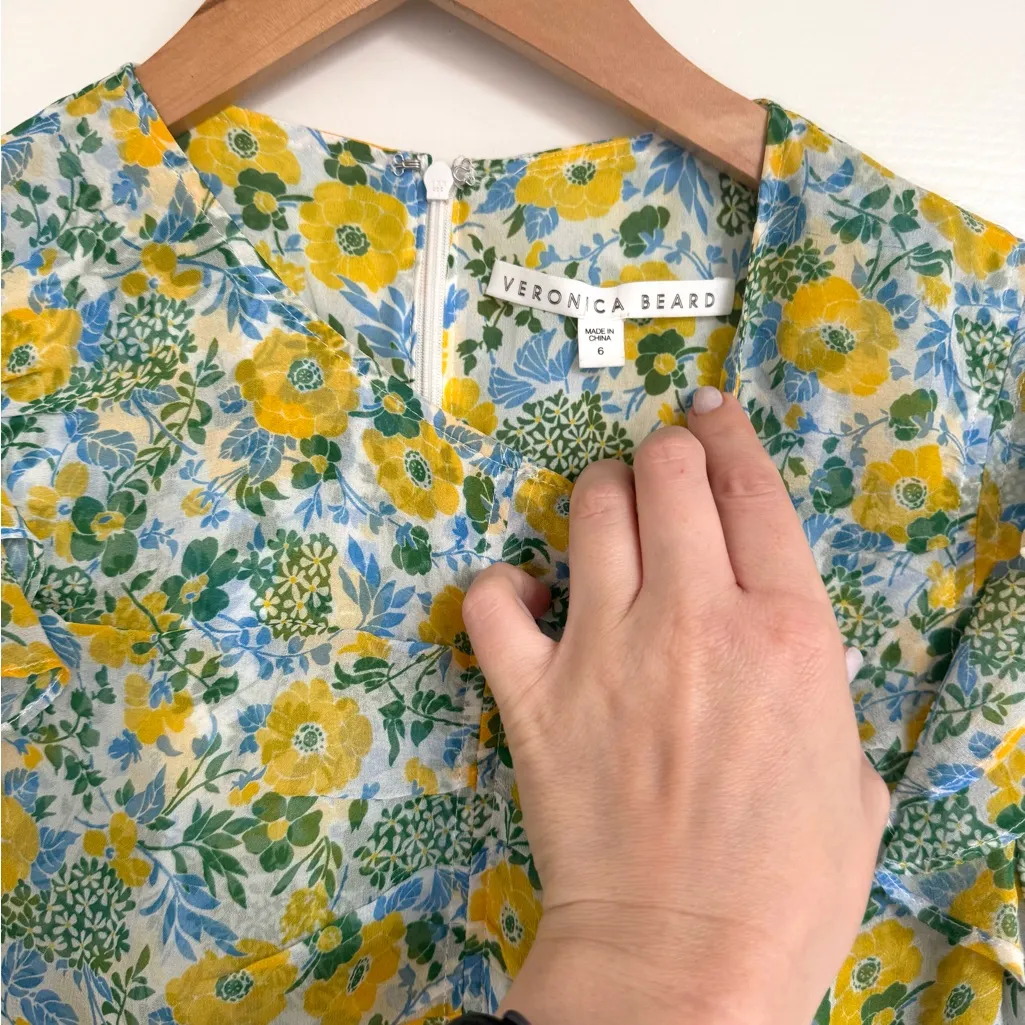 Veronica Beard Ruched Floral Silk Chiffon Mini Long Sleeve Dress 6 Yellow Blue - Image 6