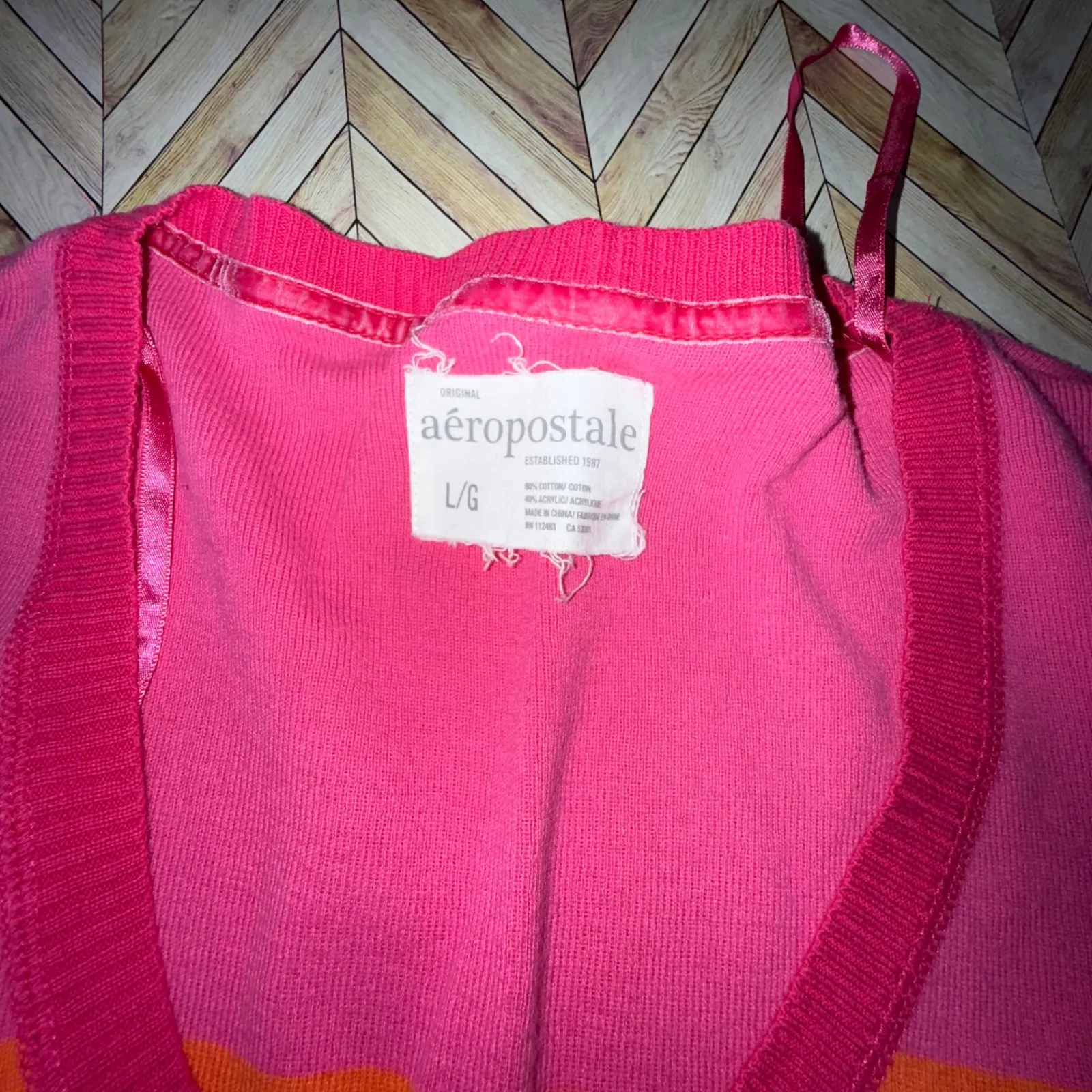 Aeropostale Pink Orange Stripe V Neck Sweater LG‎ Y2K Loralei Gilmore - Image 3