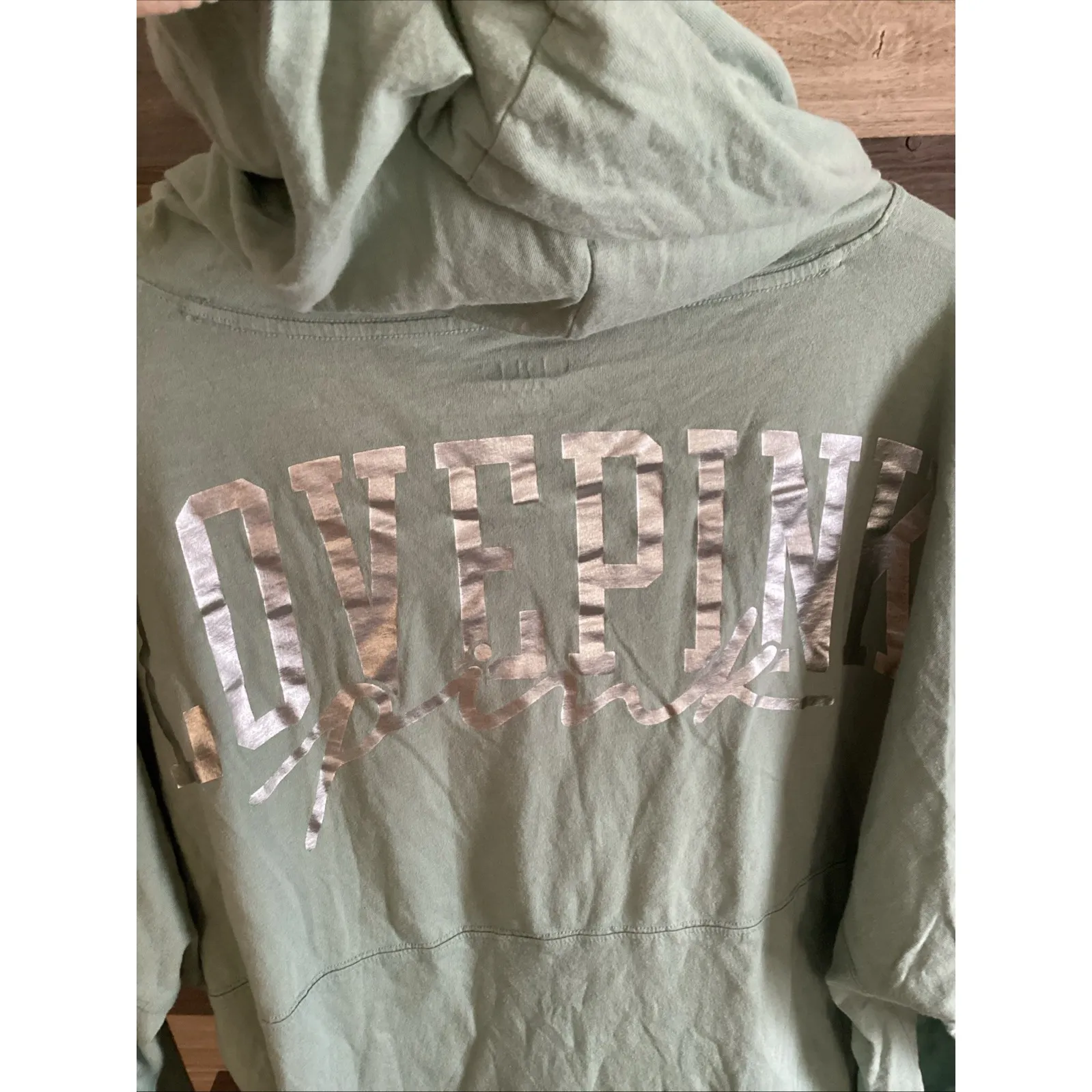 Victoria Secret Pink Light Weight Hooded Womans Green Pullover XL - Image 8