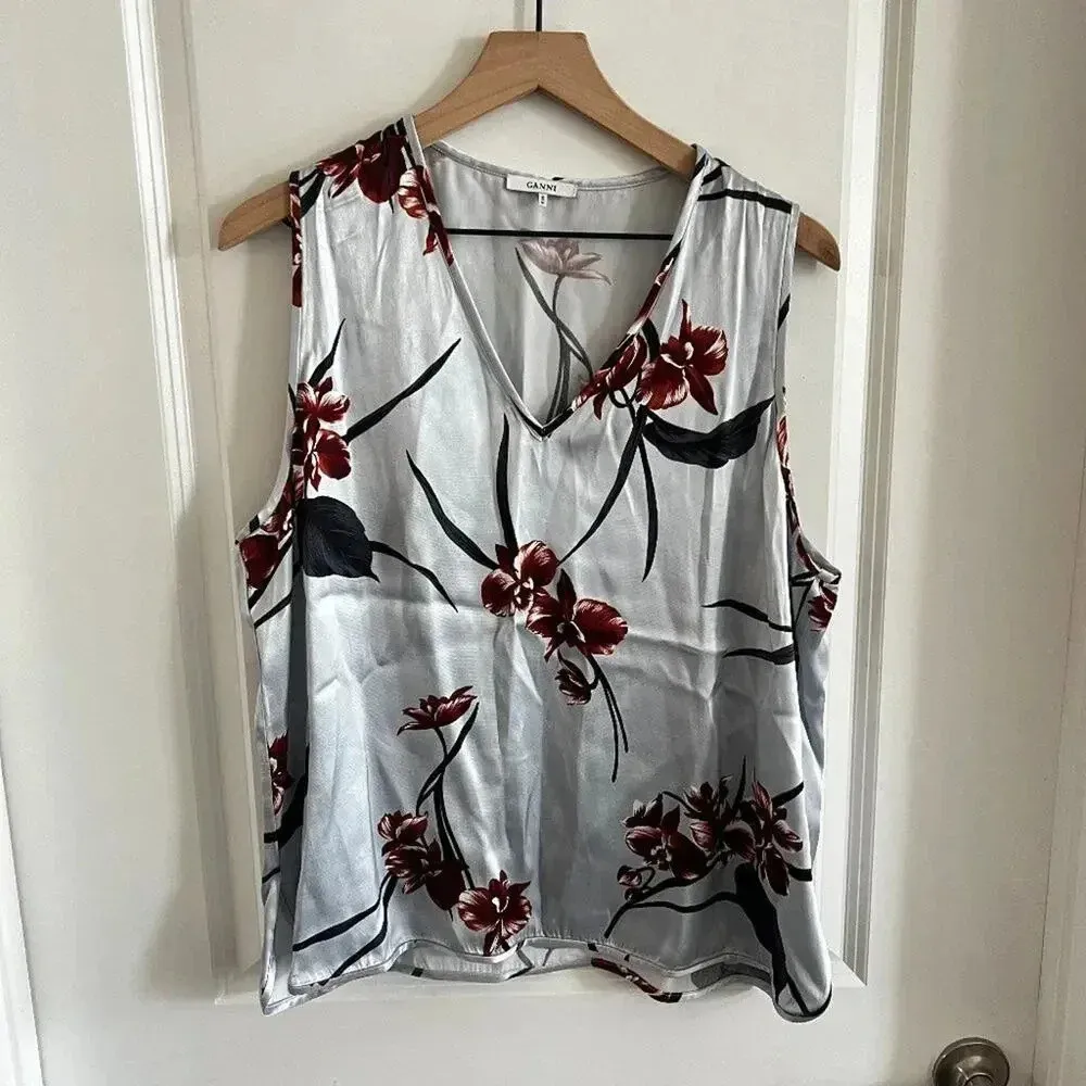 GANNI Floral Sleeveless Satin Blouse – Size XL - Image 2