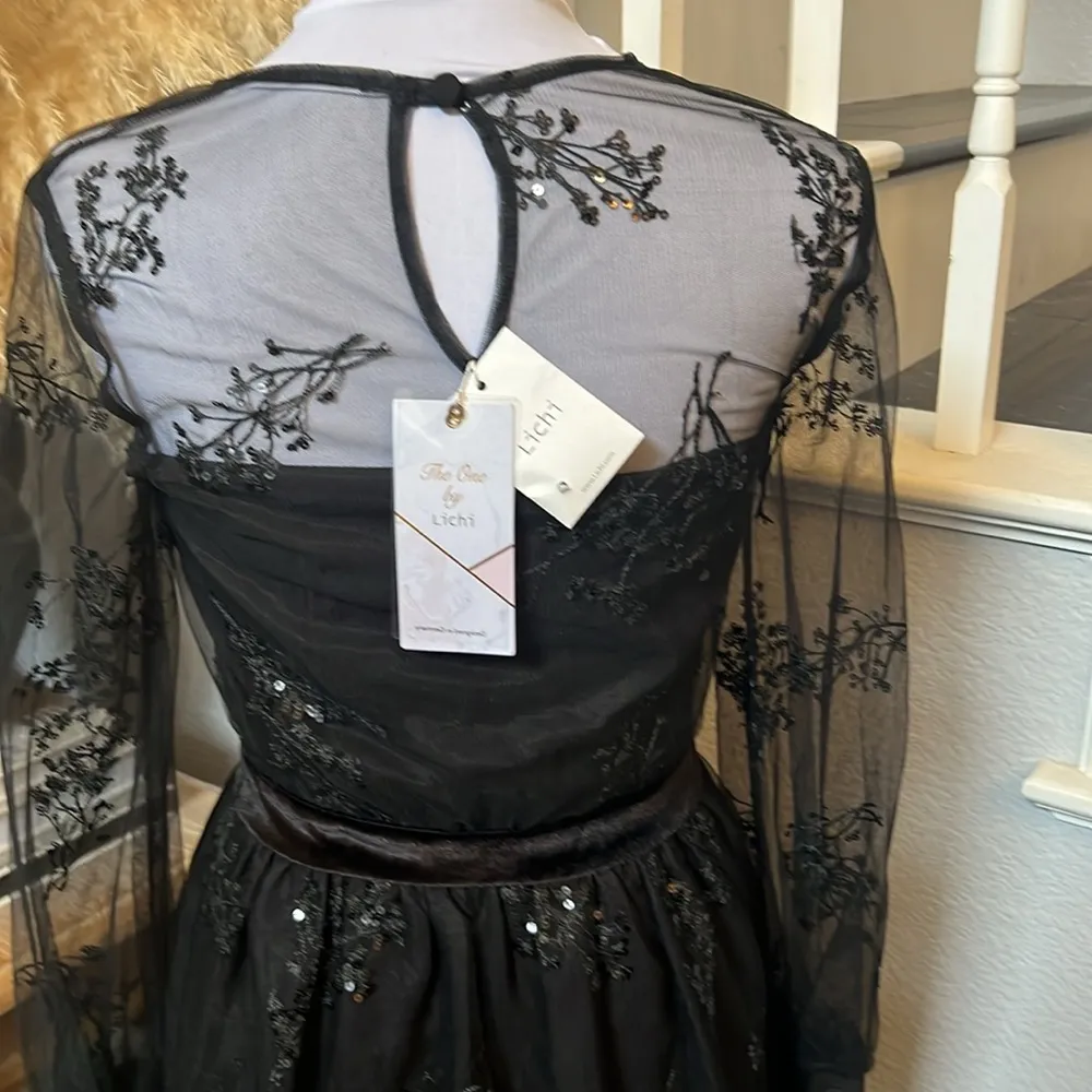 LICHI Whimsical Goth Formal Lace Beaded Long Sleeve Black Dress Size XS - Image 7