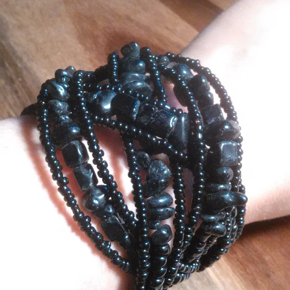 Black Seed Bead and Black Stone Cuff Bracelet - Image 7
