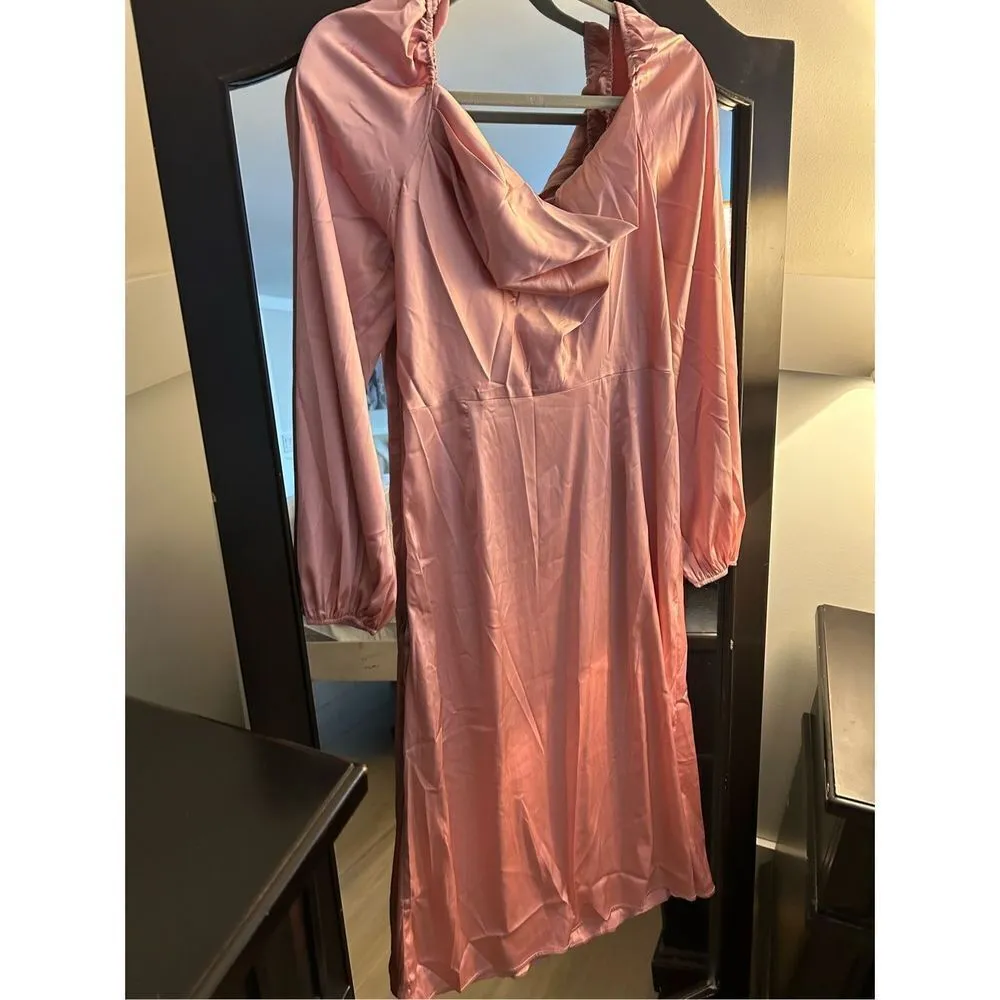 NEW Satin Drape Cowl Neck Bishop High Waist Midi Dress L Pink Size L - Image 5