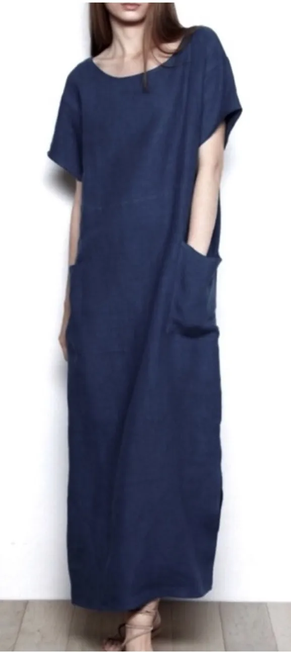 Christy Dawn Seaton Navy 100% Linen Maxi Dress XS/S Oversized Sustainable Boho - Image 1
