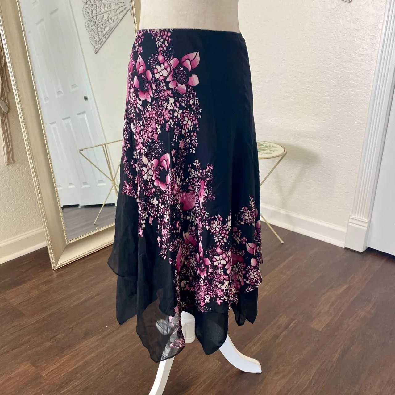 Express Early 2000s Asymmetric Handkerchief Black Pink Purple Silk Midi Skirt XS - Image 3