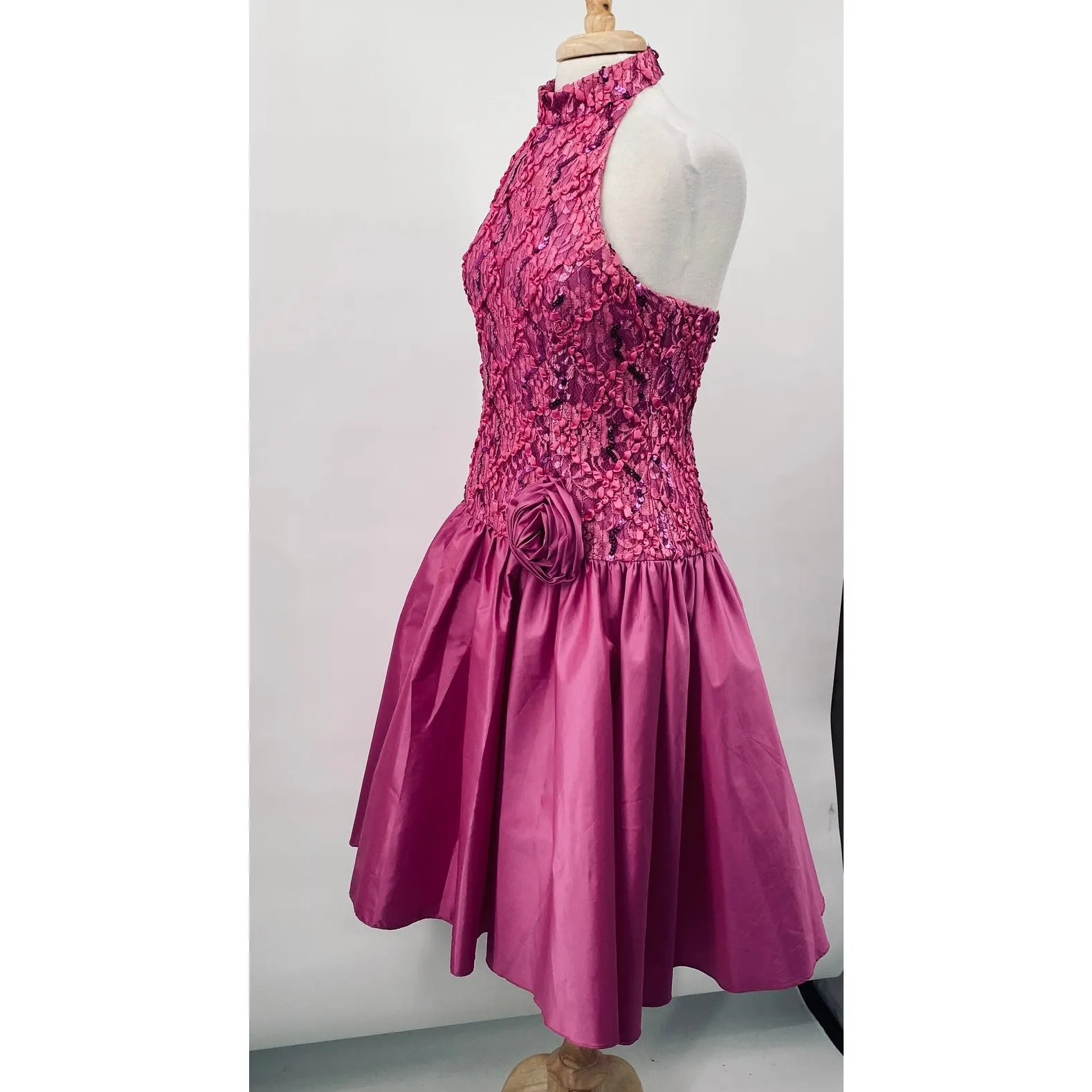 Vintage 80s Halter Fit & Flare Cocktail Dress Sequin Bodice Rosette Hot Pink 6 - Image 6