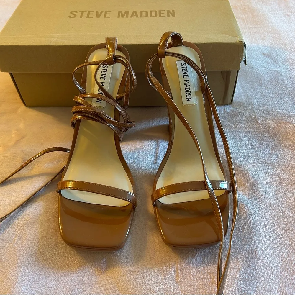 Steve Madden Lafayette Cognac lace up squared strappy heeled sandals size 8 - Image 2