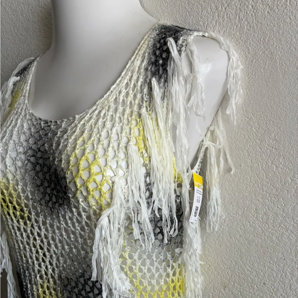 Beach Pool Coverup White Yellow & Black Mesh Sleeveless With Tassels Size undefined - Image 7