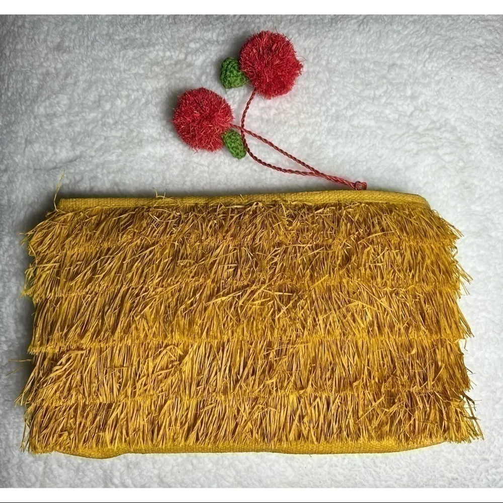 Yellow Fringe Straw Clutch Cherry Pom Pom Zip Small Summer Beach Bag - Image 3