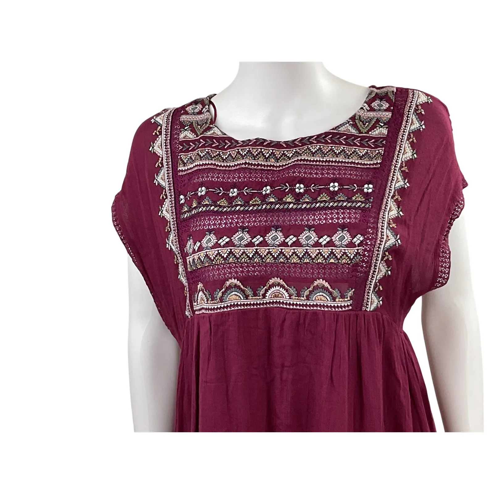 Free People Embroidered Ruffle Hem Mini Dress Burgundy Size SP - Image 4