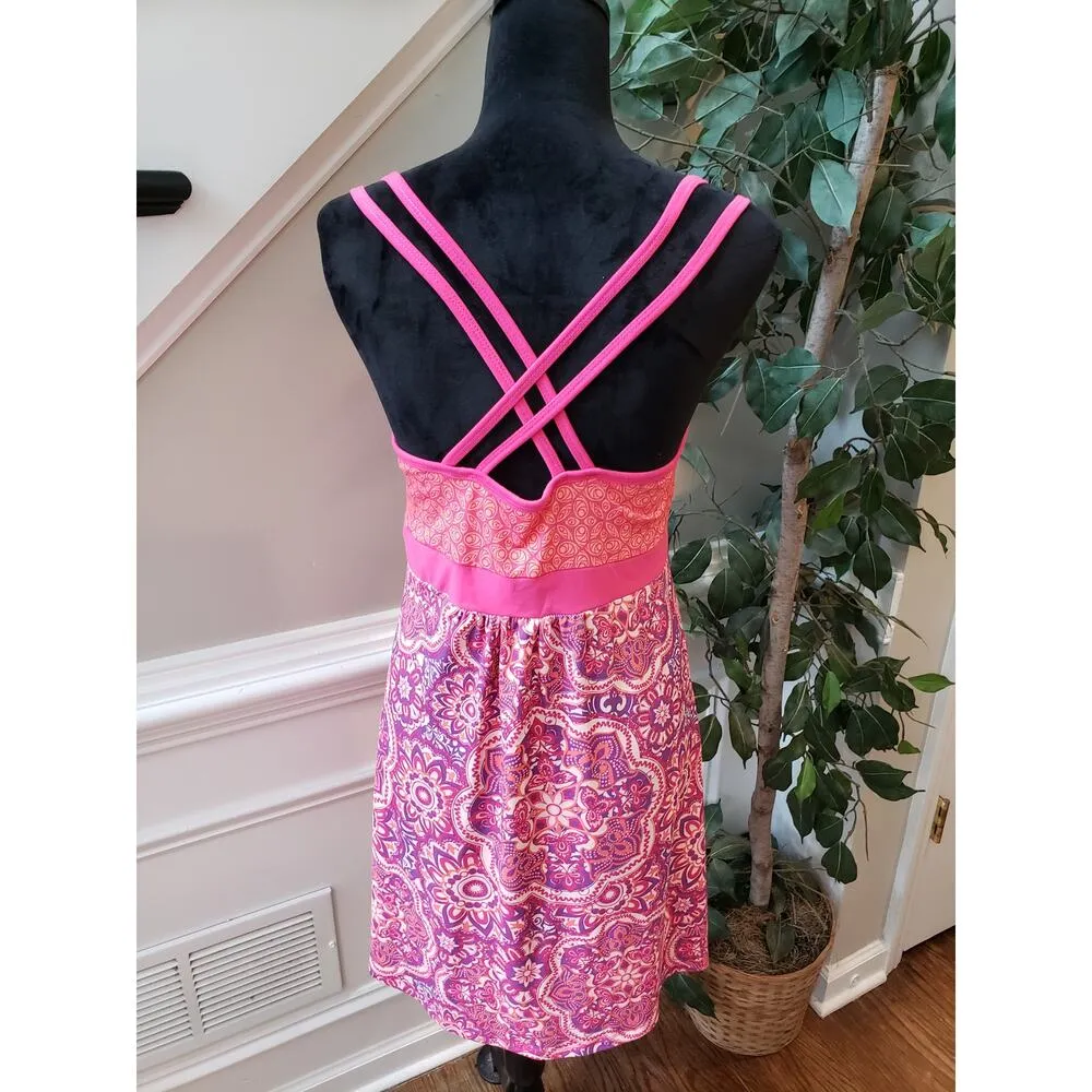 Tehama Tank Dress Women Medium Pink Purple Floral Cross Back Strap Empire Waist - Image 4