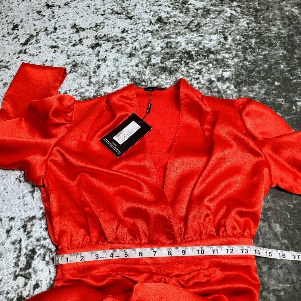 PrettyLittleThing Red Satin Ruched Skirt Puff Sleeve Midi Dress - Image 5