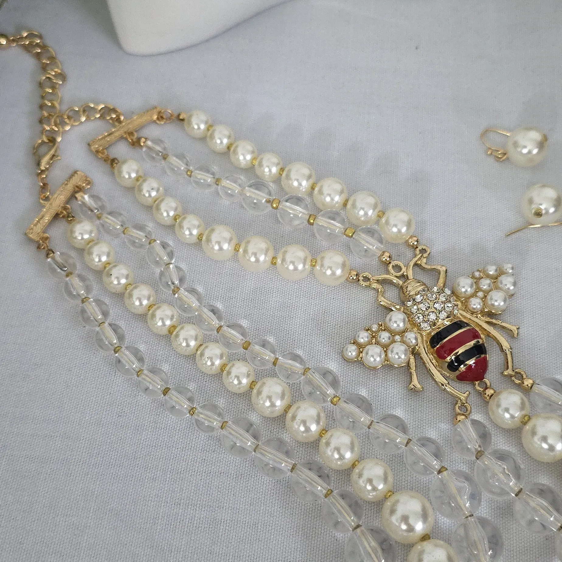 Statement 3 Strand Pearl with Bee Necklace And Earrings Set - Image 7