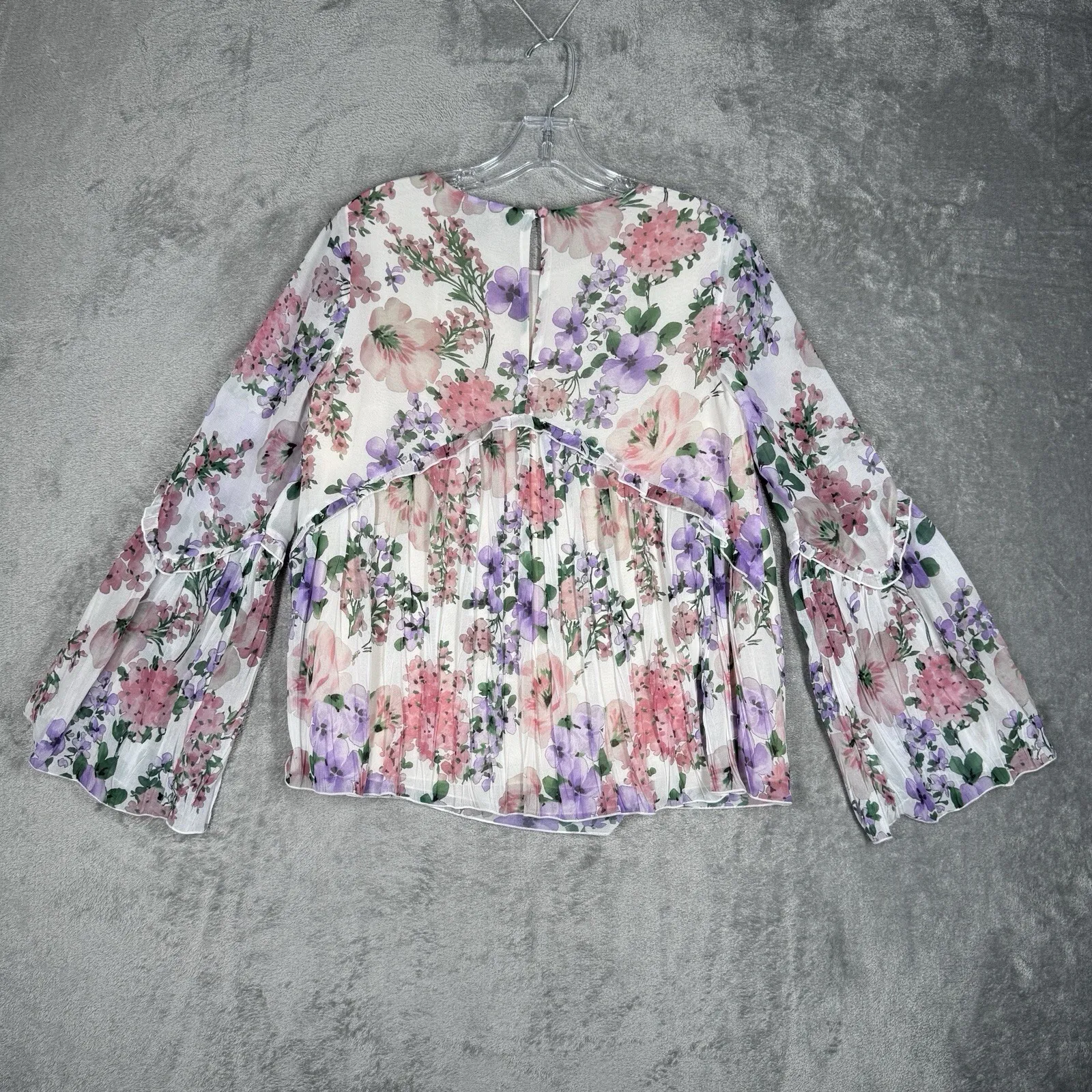 Massimo Dutti Blouse 4 Floral Bell Sleeve Purple Pink‎ Chiffon Prairie Bohemian - Image 3