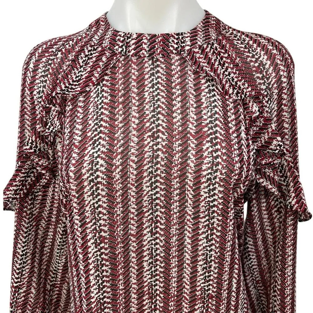 Reiss Red Multicolor Ruffle Bell Long Sleeve Mock Neck Printed Blouse Top Size 0 - Image 3