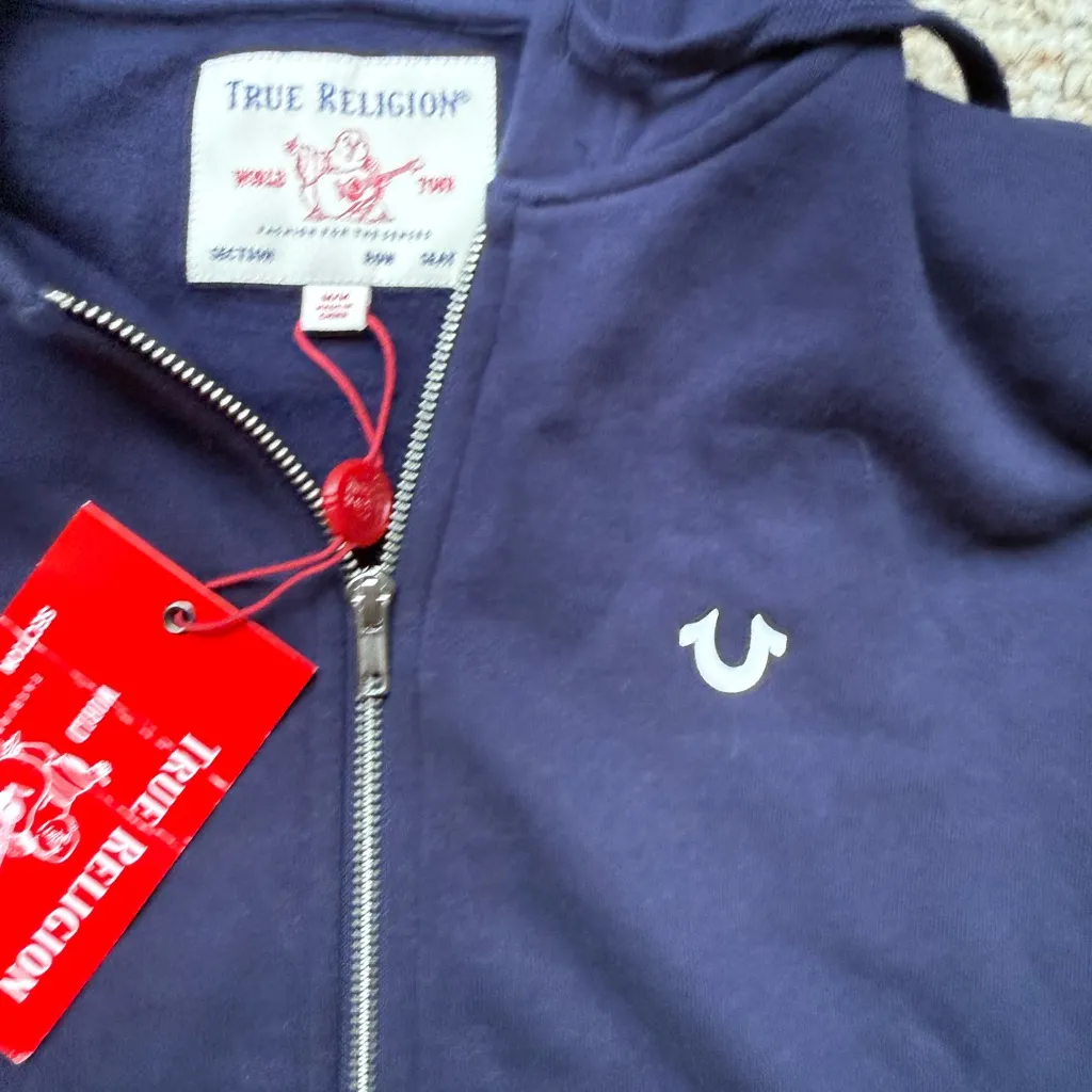 NWT True Religion Blue Fitted Long Sleeve Hoodie Size Medium - Image 6