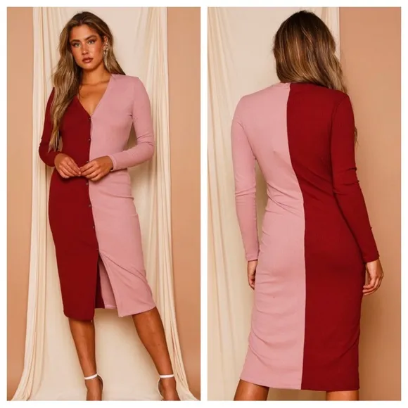 Peach Love California Colorblock Long Sleeve Midi Dress - Image 2