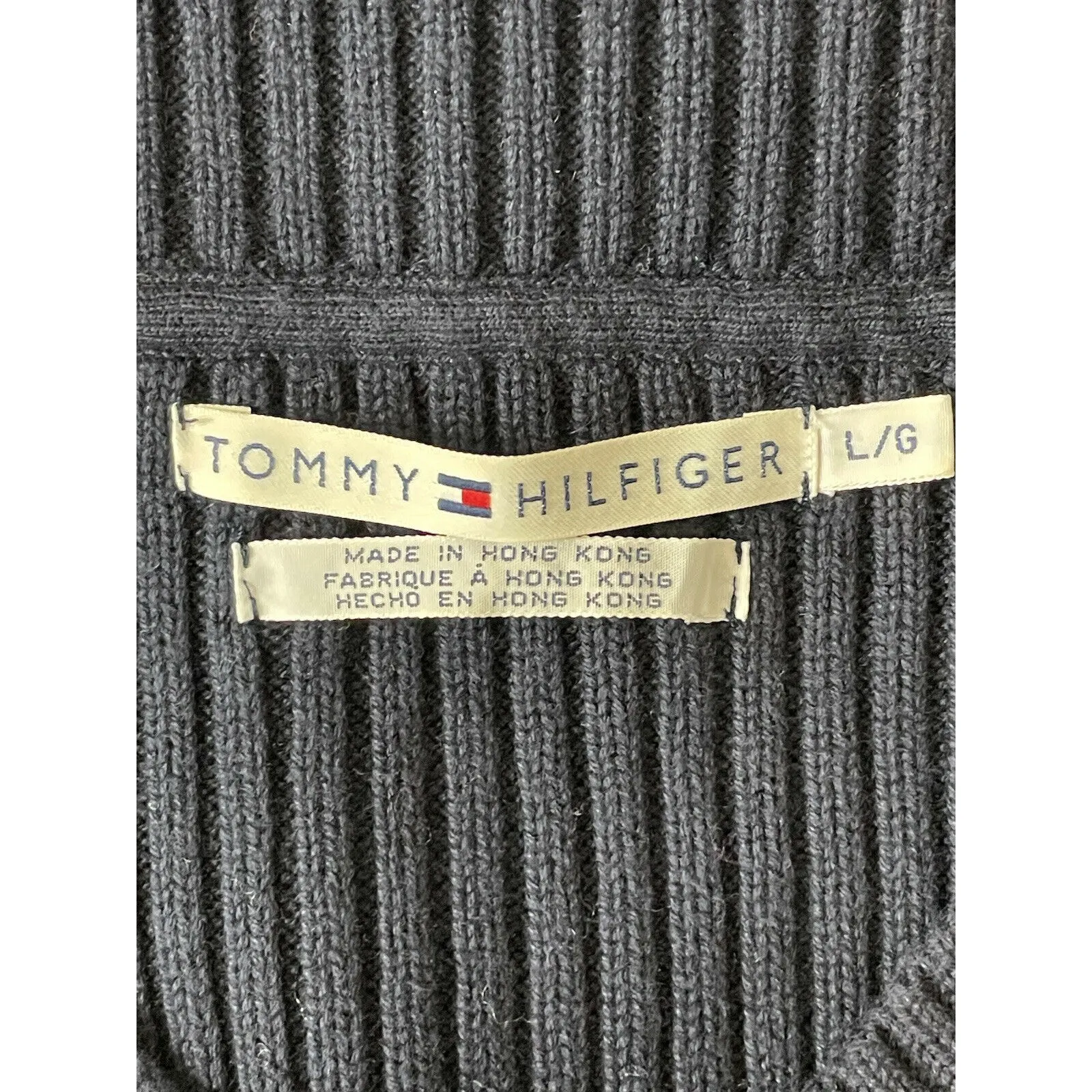 Tommy Hilfiger V Neck Thick Sweater Dark Blue White Patterned Stripe Size Large - Image 8