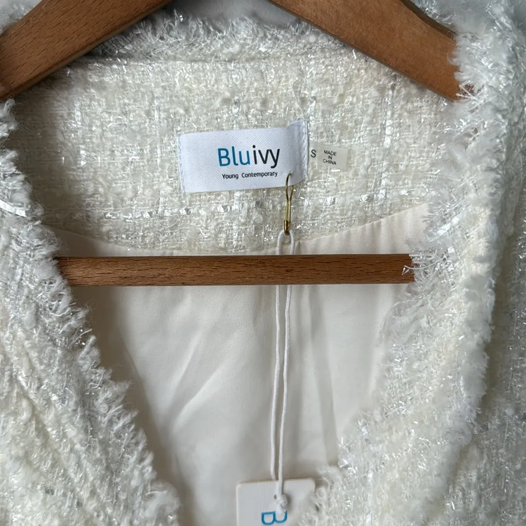 Bluivy Tweed Sparkle French Chic Gold Button Down Long Sleeve Frayed Blazer - Image 10