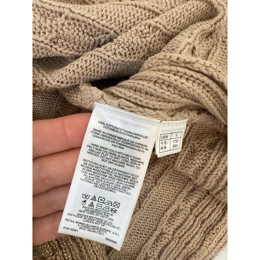 Brook Brothers Tan Metallic Cable Knit Crew Neck Pullover Sweater Womens Sz L - Image 6
