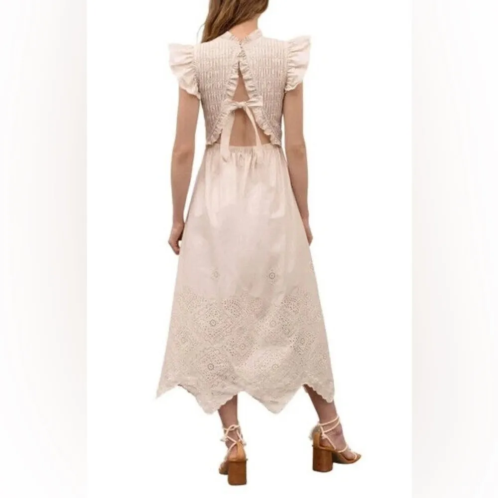 Moon River Ruffled Smocked Eyelet Midi Dress in Cream - Image 2