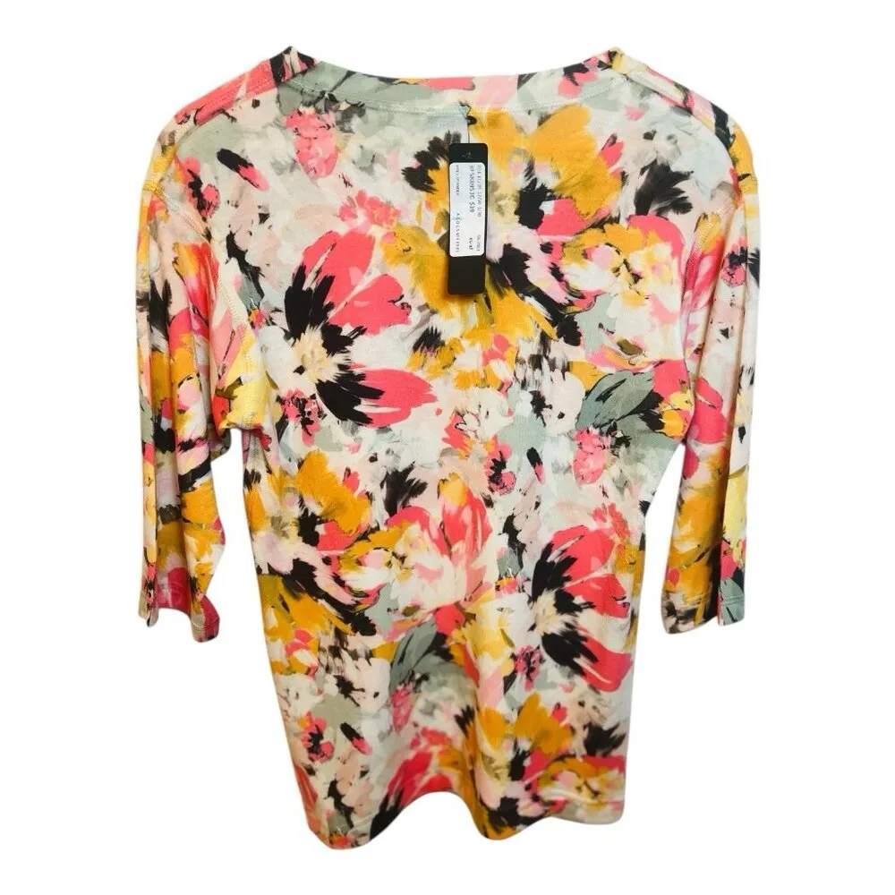 Nally And Millie Abstract Floral Top Size Small 3/4 Sleeves USA Soft Knit Crew Pink - Image 4