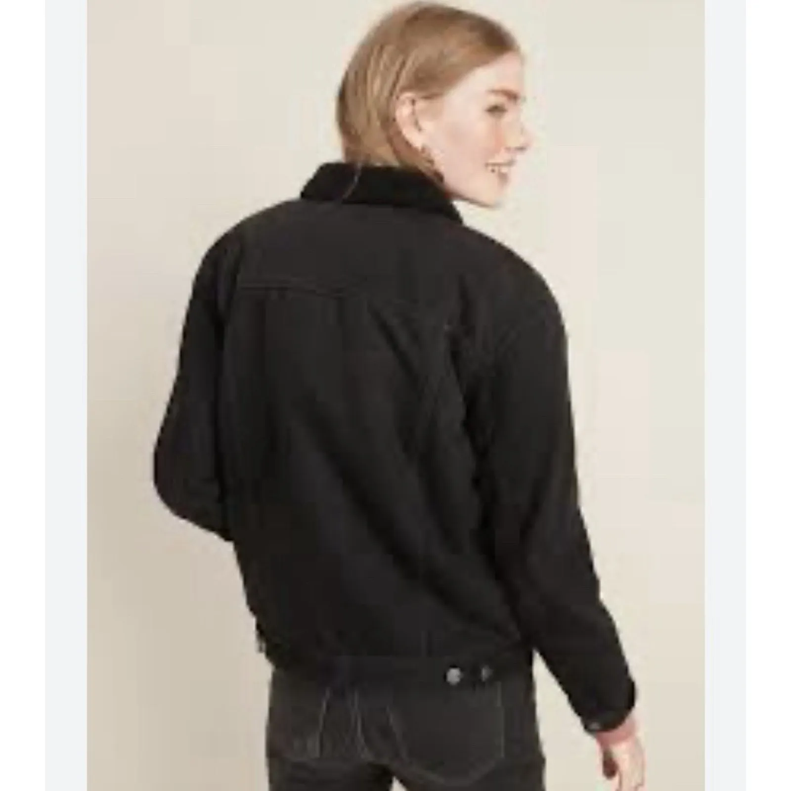 Black Chore Jacket Oversized Boyfriend Sherpa Lined Ladies Sz Large Denim Barn - Image 2