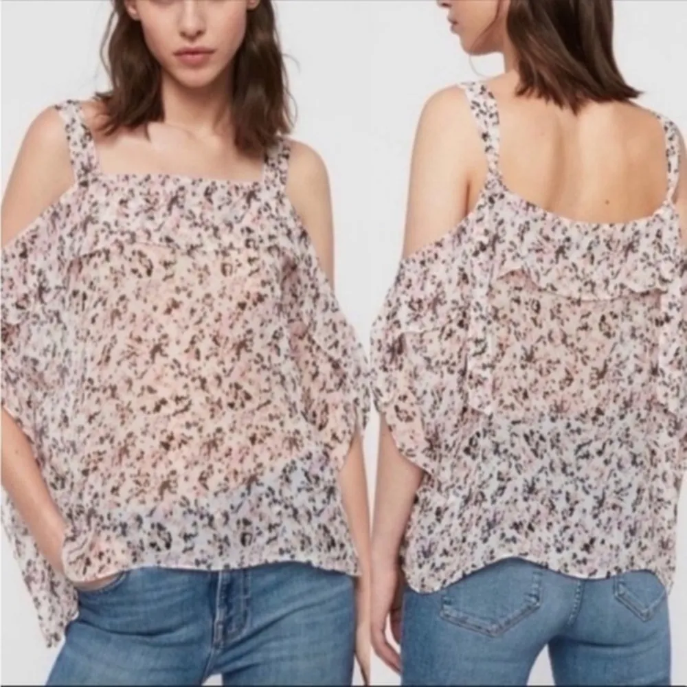NEW ALL SAINTS MIO FREEFALL SHEER CHALK WHITE DITZY FLORAL ASYMMETRICAL TOP S - Image 2