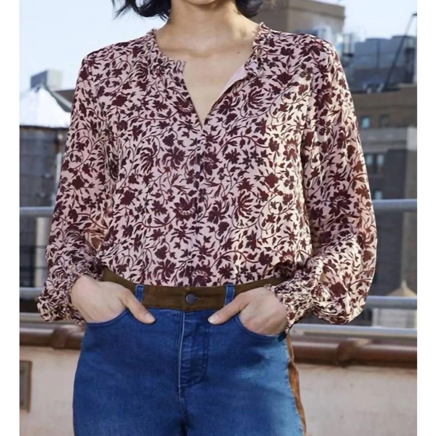 Ecru Portman Smocked Sleeve Blouse in‎ Burgundy Floral Sz M - Image 3