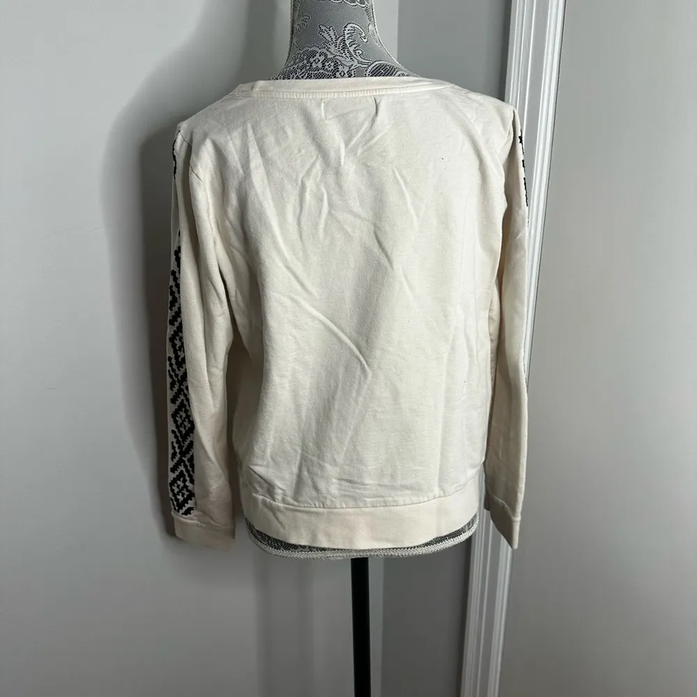 Cream Pullover with Aztec Embroidered Sleeves. LRL Women’s Pullover. Crew Neck. - Image 3