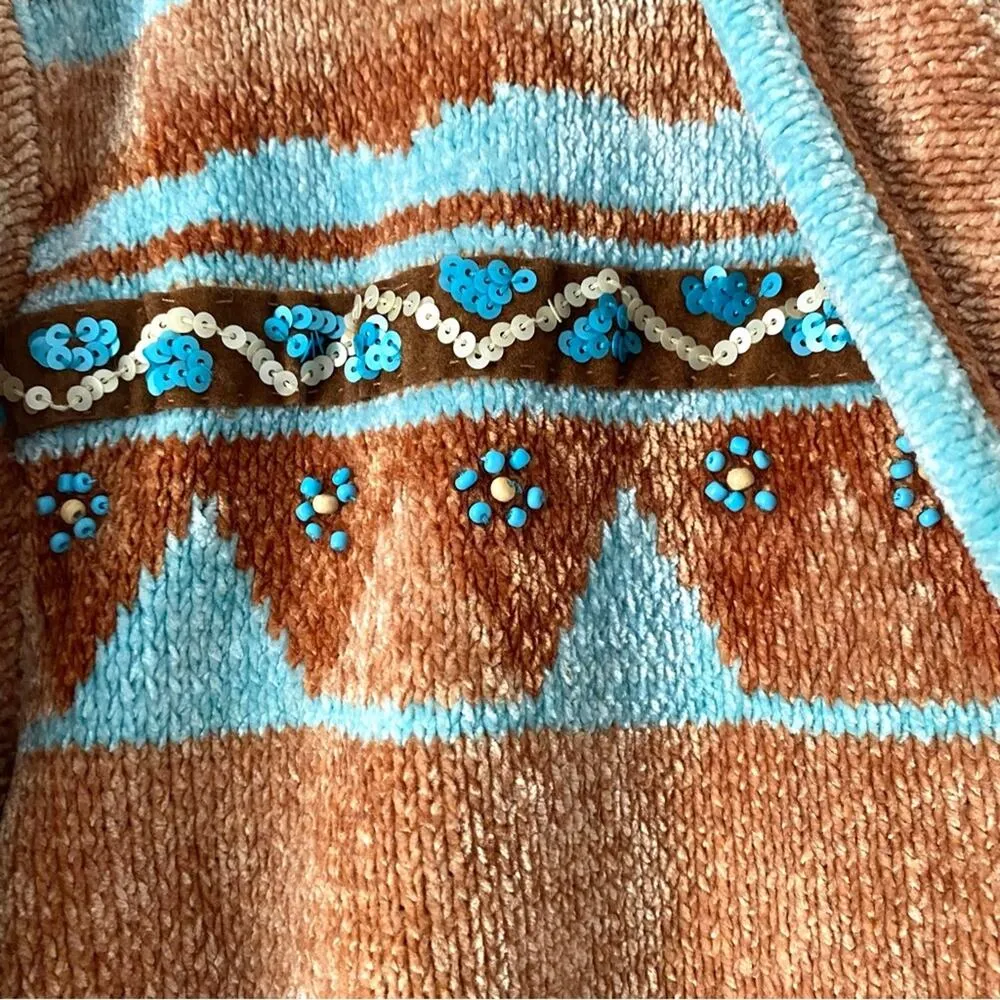 Sweater Sweater Chenille Cardigan Sweater Western Boho Navajo Tan Turquoise Size L - Image 8