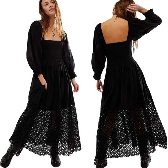 Free People Perfect Storm Midi Dress Size XS Black Eyelet Puff Sleeves - Image 2