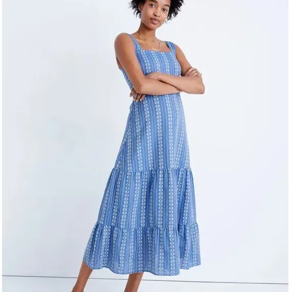 Madewell Embroidered Button-Back Tiered Sundress Women's 14 Blue Feminine Boho - Image 4