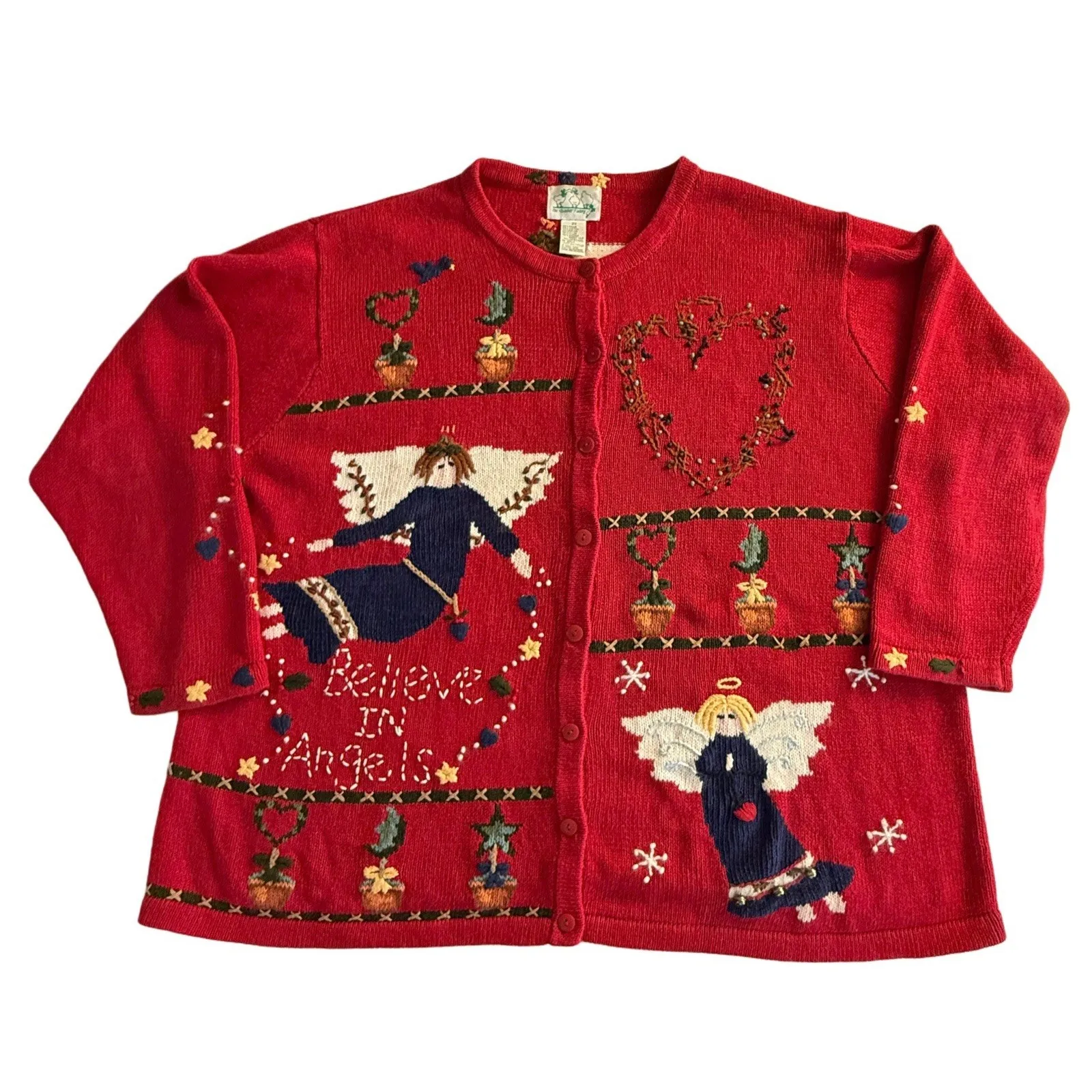 VTG Quacker Factory Christmas Angels Cardigan Sweater Holiday Novelty 2X Angora - Image 2