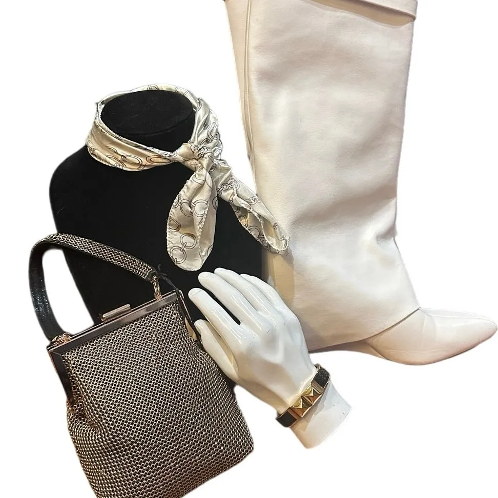 Vintage Satin Neckerchief or handbag Scarf, Paris Chains Gold & Cream Summer - Image 4