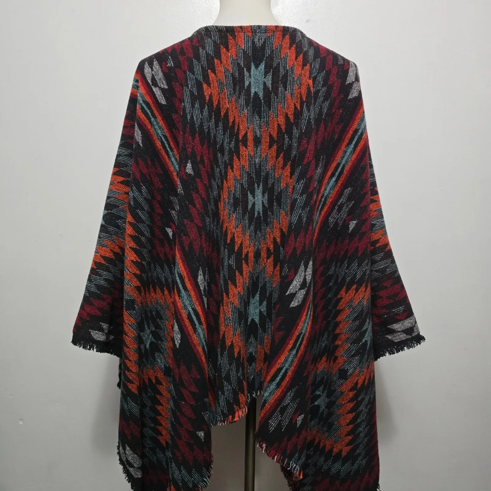 Aztec Geometric Print Fringe Zipper Poncho Cape Sweater Women's One Size Orange Size undefined - Image 5