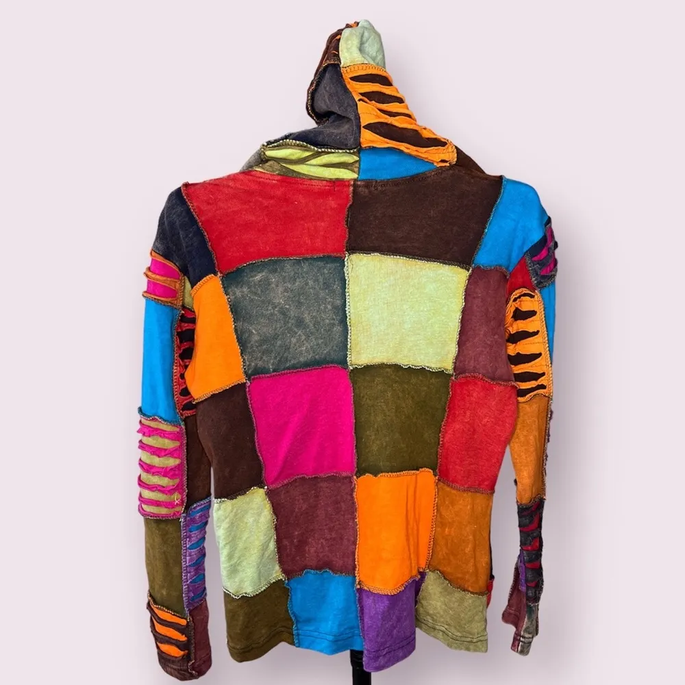 Y2K Grunge Boho Windhorse Patchwork Zip Hoodie Jacket Nepal Vintage Quilted Brown Size M - Image 2