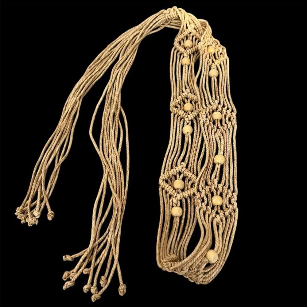 Bohemian Macrame Braided Weave Belt Tassels Beaded OS Tan - Image 3