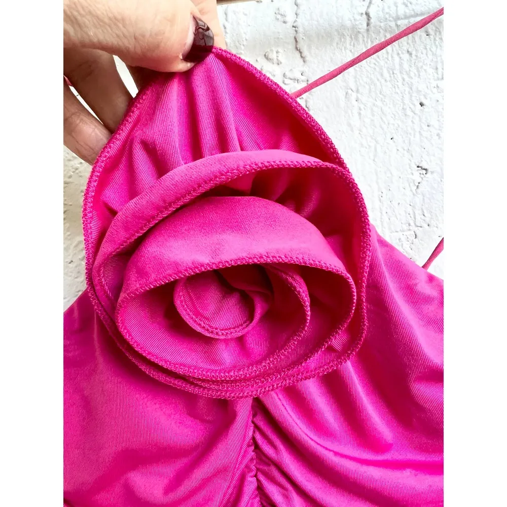 NWT Showpo Teagan Bodycon Ruched Asymmetric Strap Rosette Midi Dress Mulberry 2 - Image 4