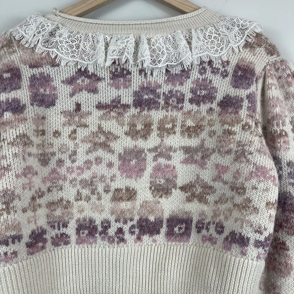 LoveShackFancy Pullover Sweater Sz S Multi Floral Crop Coquette Lace Collar - Image 10