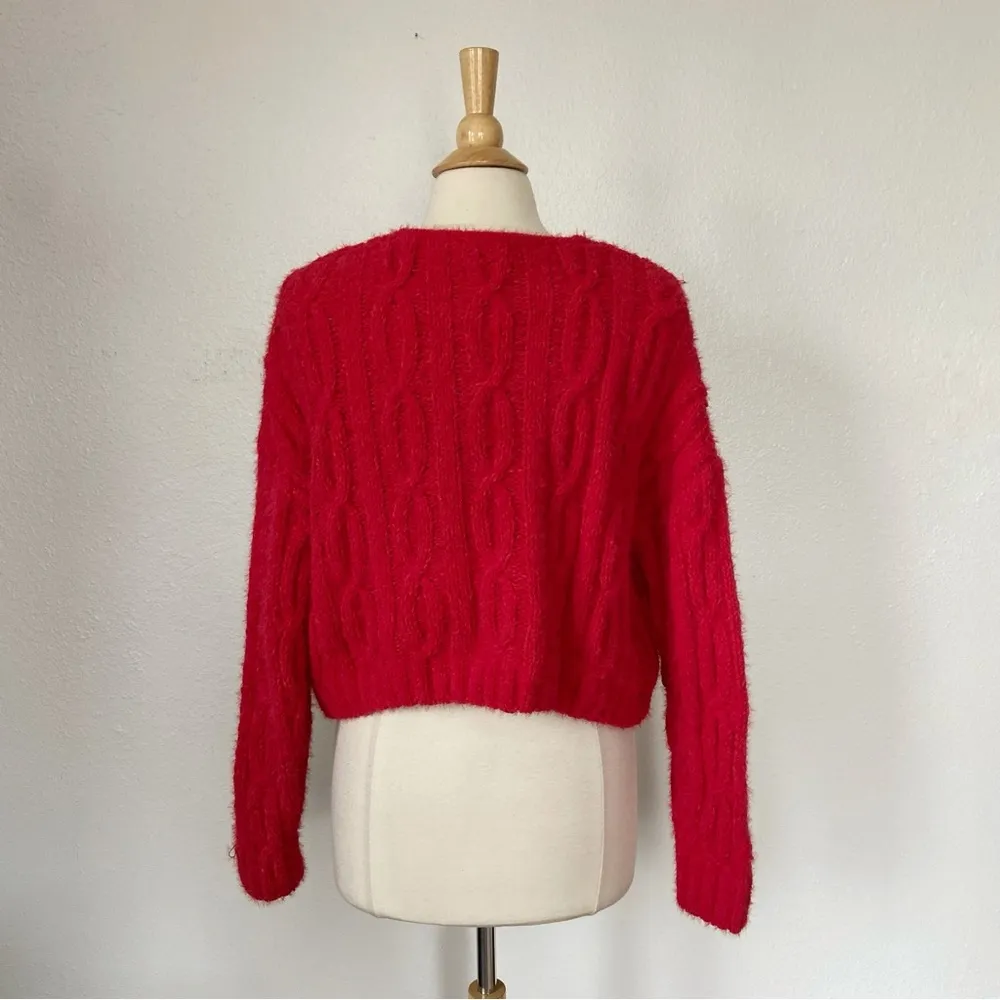 Cupcake Clothing Co. Solid Red Cable Knit V-Neck Cropped Sweater - Image 6
