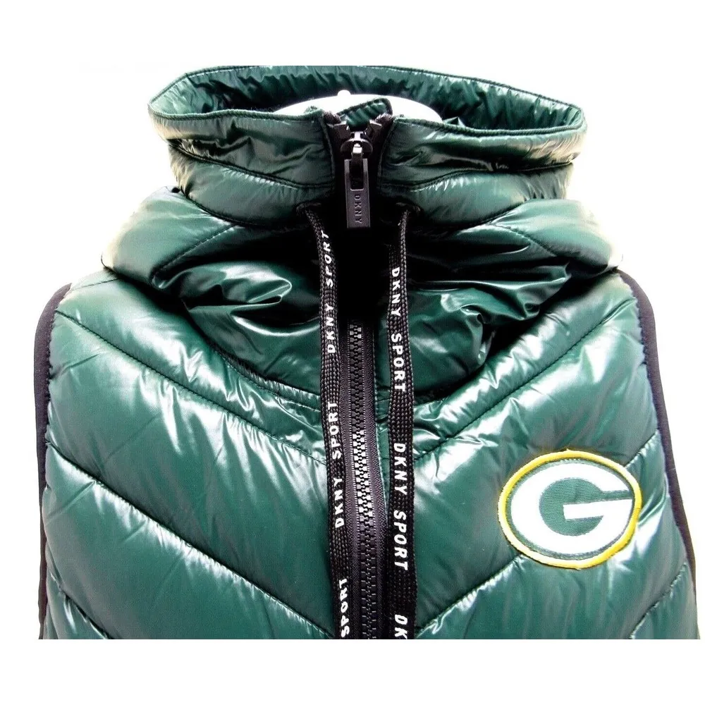 Women's DKNY GREEN BAY PACKERS Green Yellow Black Puffer Hoodie Vest Small - NEW - Image 3