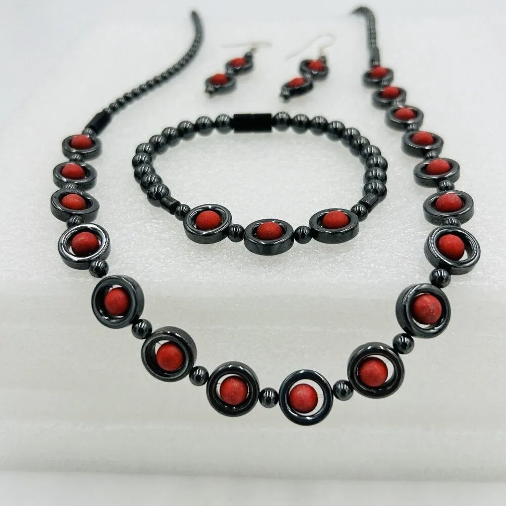 Magnetic Hematite Necklace Bracelet Earrings Set Red Poppy Jasper - Image 3